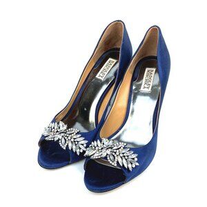 Badgley Mischka Blue Satin & Rhinestone Peep-Toe Formal Lux Pump Sz 10M